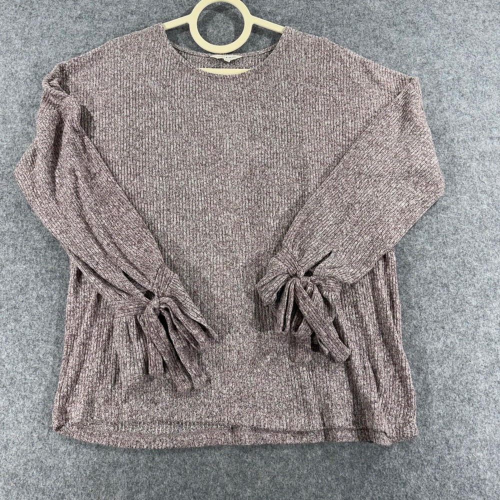 Lucky Brand Women XL Mauve Marled Ribbed Tie Sleeve Knit Top Crew Neck Purple